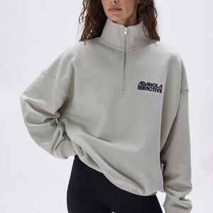 ADANOLA Retro Sports Oversized Funnel Neck Zip Sweatshirt - Stone Women Small